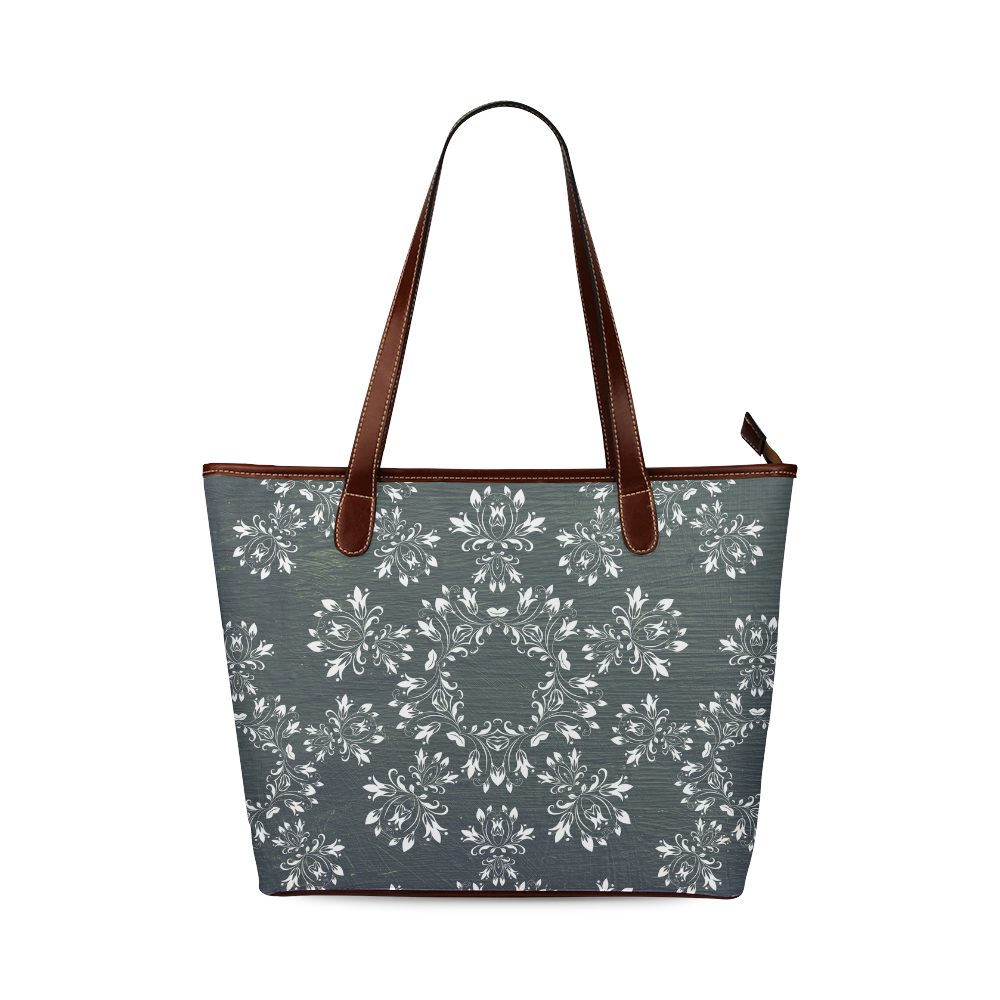 White and gray Flourish ornament mandala design Shoulder Tote Bag (Model 1646)