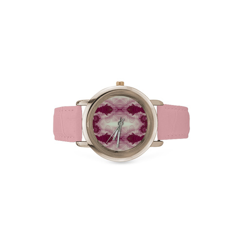 Maroon and White Lace Fractal Abstract Women's Rose Gold Leather Strap Watch(Model 201)