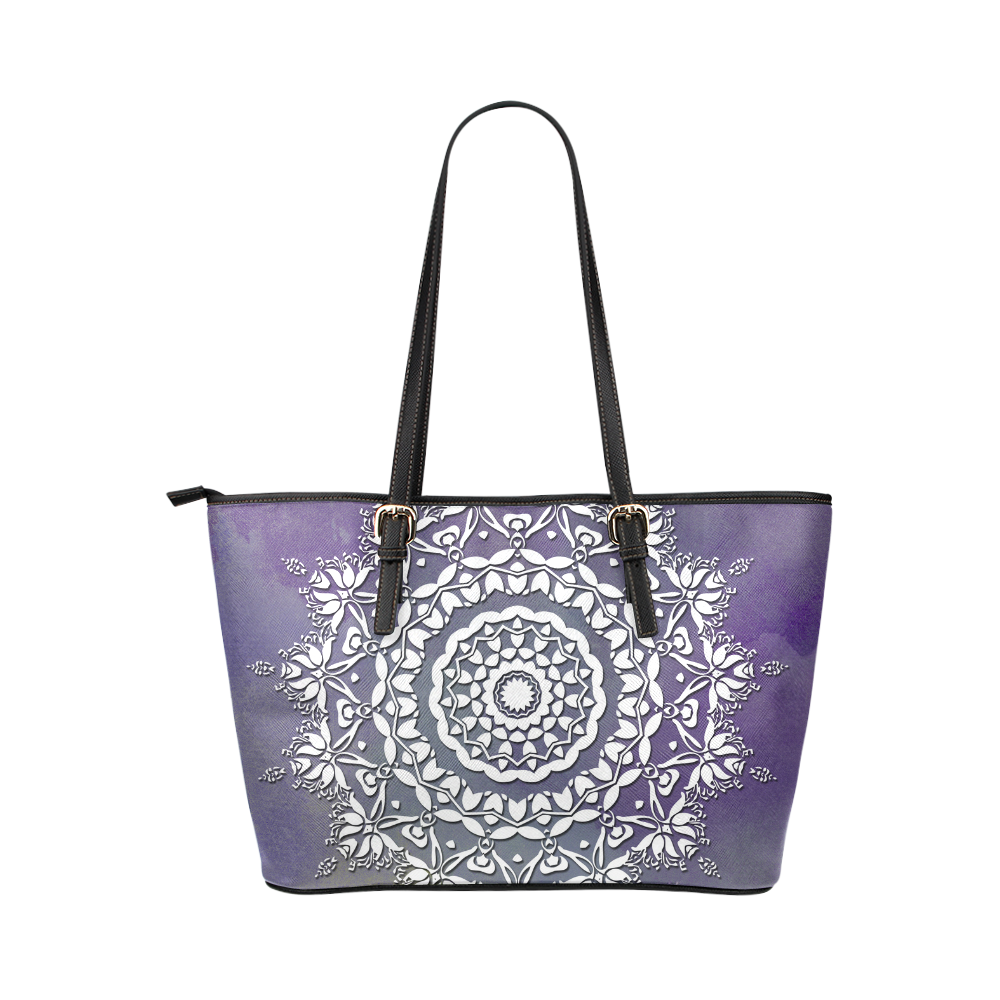 Floral watercolor Violet and white mandala Leather Tote Bag/Small (Model 1651)