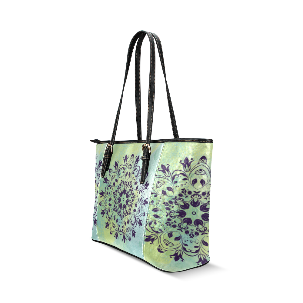 Flourish purple and blue watercolor mandala Leather Tote Bag/Small (Model 1640)