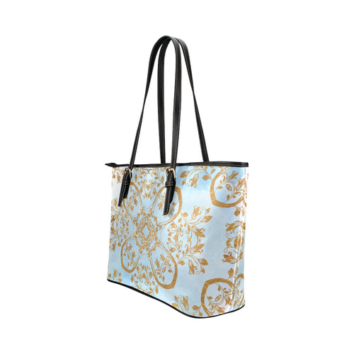 Gold and blue flourish ornament mandala Leather Tote Bag/Large (Model 1651)
