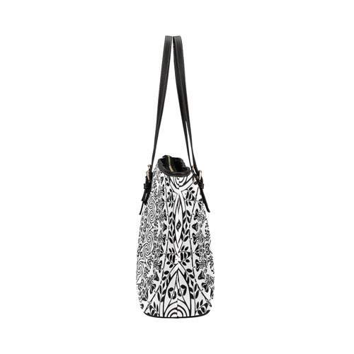 Deep black and white  mandala Leather Tote Bag/Large (Model 1651)