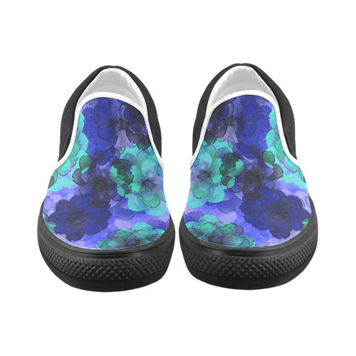 Blue Green Flower Power Blossom Women's Unusual Slip-on Canvas Shoes (Model 019)
