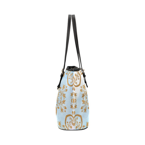 Gold and blue flourish ornament mandala Leather Tote Bag/Large (Model 1651)