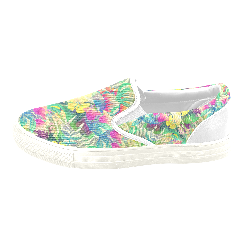 Beautiful Tropical Flowers Watercolor Pattern Women's Unusual Slip-on Canvas Shoes (Model 019)