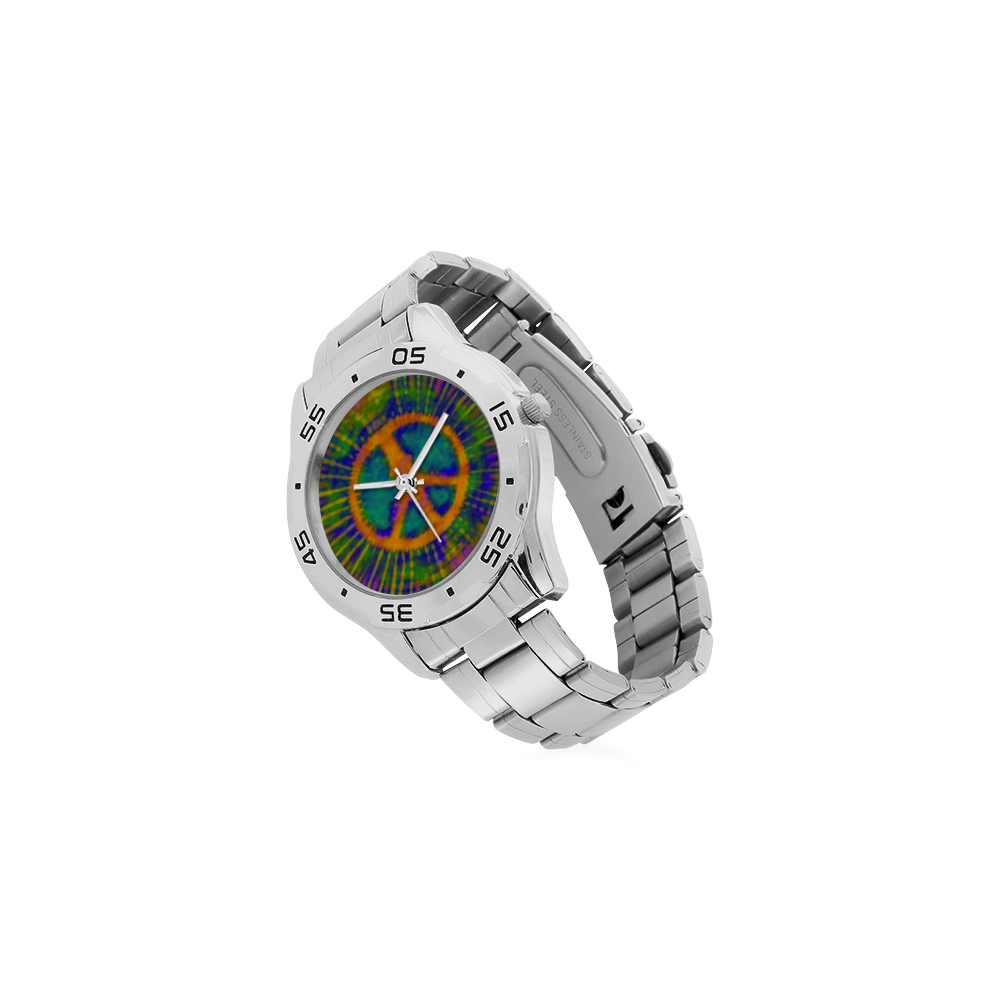 Psychedelic Tie Dye Trippy Peace Sign Men's Stainless Steel Analog Watch(Model 108)