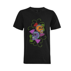 Día De Los Muertos Two Skulls Flowers Men's V-Neck T-shirt (USA Size) (Model T10)