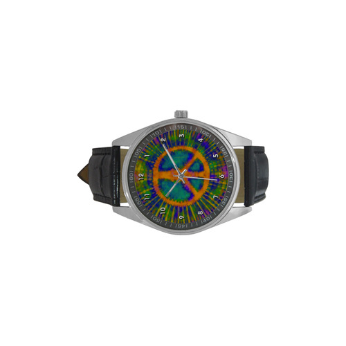 Psychedelic Tie Dye Trippy Peace Sign Men's Casual Leather Strap Watch(Model 211)
