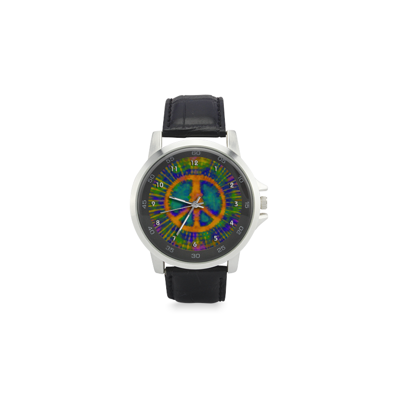 Psychedelic Tie Dye Trippy Peace Sign Unisex Stainless Steel Leather Strap Watch(Model 202)