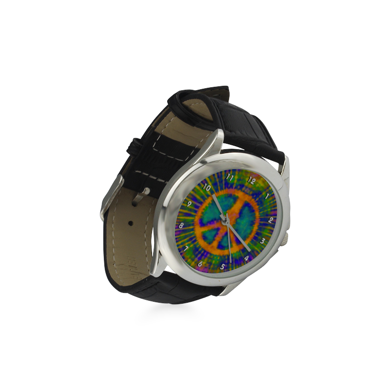 Psychedelic Tie Dye Trippy Peace Sign Women's Classic Leather Strap Watch(Model 203)