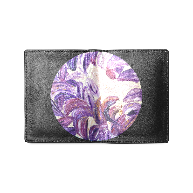 Purple Leaves with Gold Flakes Men's Leather Wallet (Model 1612)