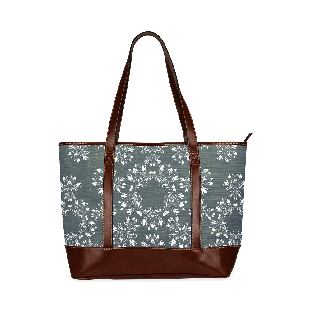 White and gray Flourish ornament mandala design Tote Handbag (Model 1642)