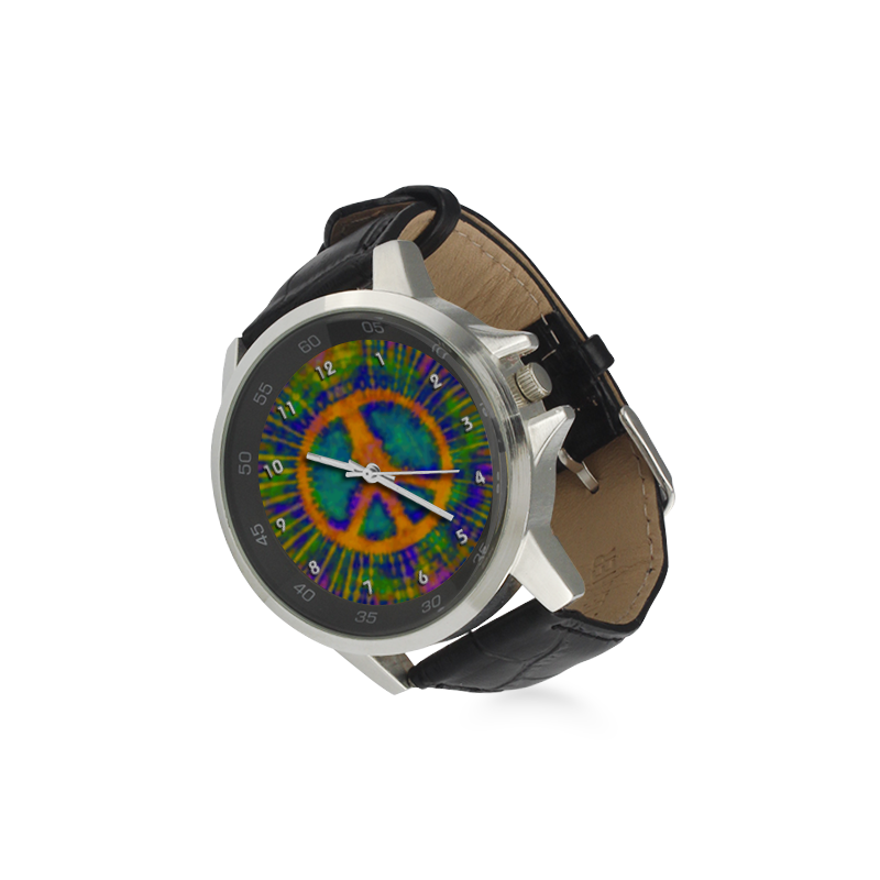 Psychedelic Tie Dye Trippy Peace Sign Unisex Stainless Steel Leather Strap Watch(Model 202)