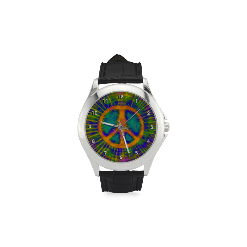 Psychedelic Tie Dye Trippy Peace Sign Women's Classic Leather Strap Watch(Model 203)