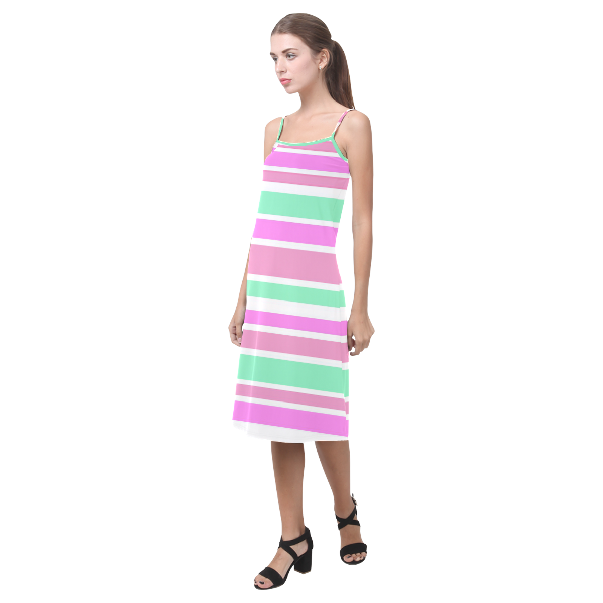 Pink Green Stripes Pattern Alcestis Slip Dress (Model D05)