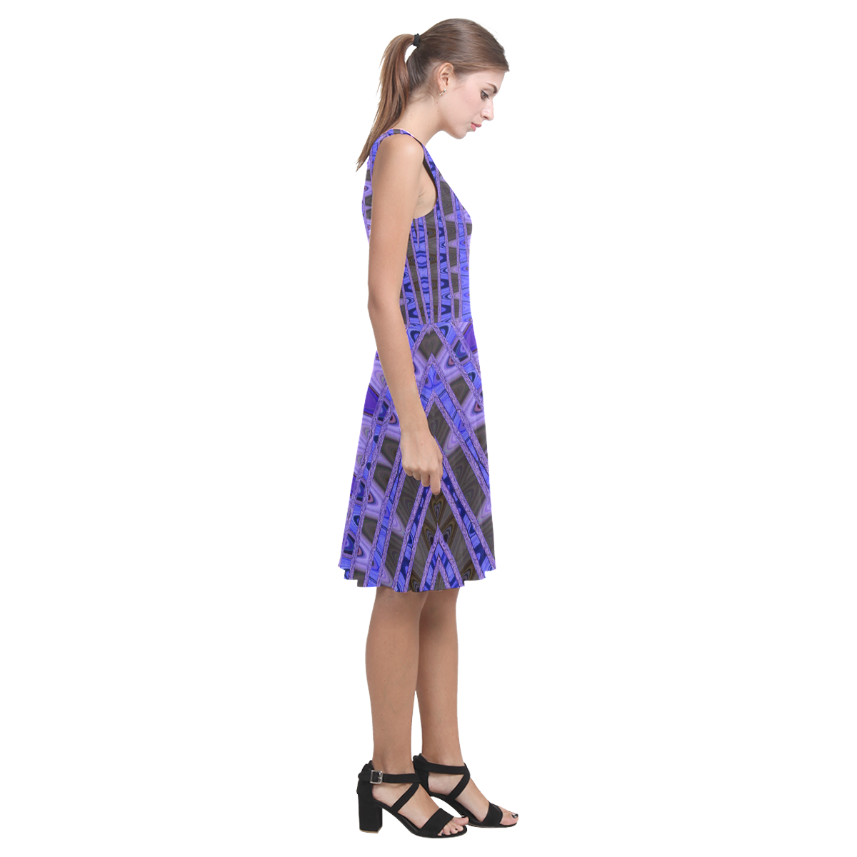 Blue Black Abstract Pattern Atalanta Casual Sundress(Model D04)