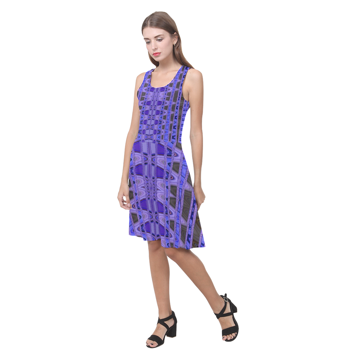 Blue Black Abstract Pattern Atalanta Casual Sundress(Model D04)