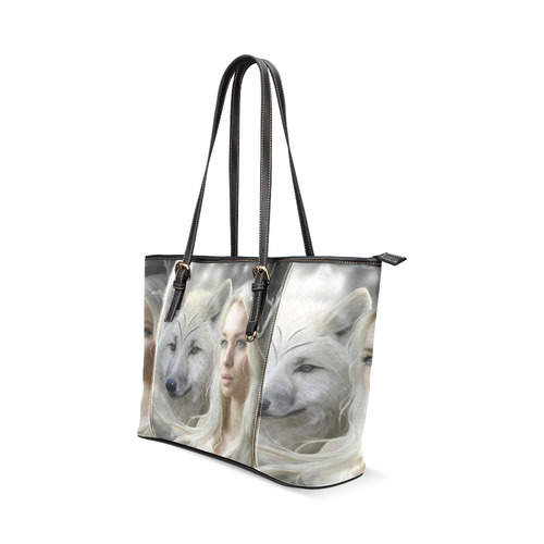 white wolf & winter princess handbag tote Leather Tote Bag/Small (Model 1640)