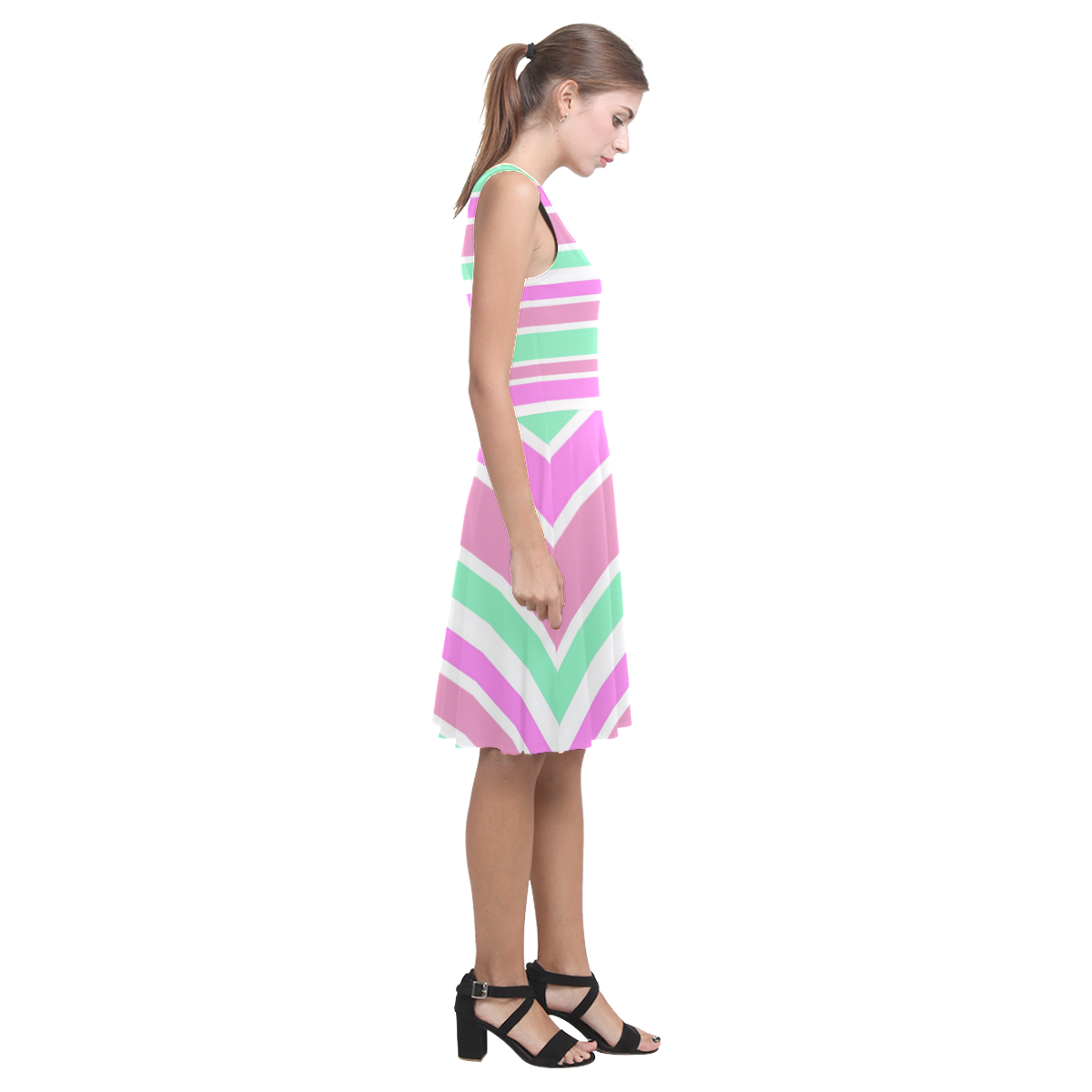 Pink Green Stripes Pattern Atalanta Casual Sundress(Model D04)