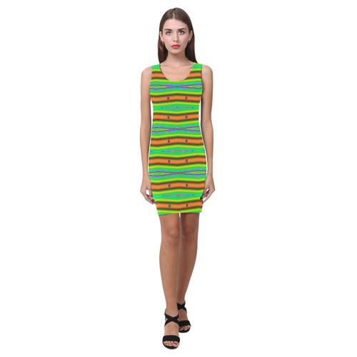 Bright Green Orange Stripes Pattern Abstract Medea Vest Dress (Model D06)