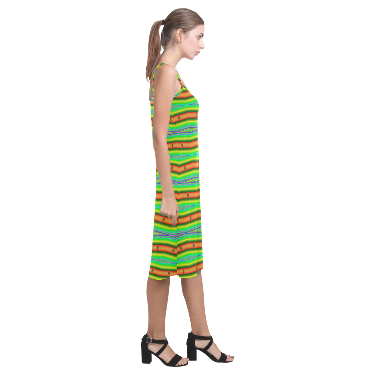 Green Orange Stripes Abstract Alcestis Slip Dress (Model D05)