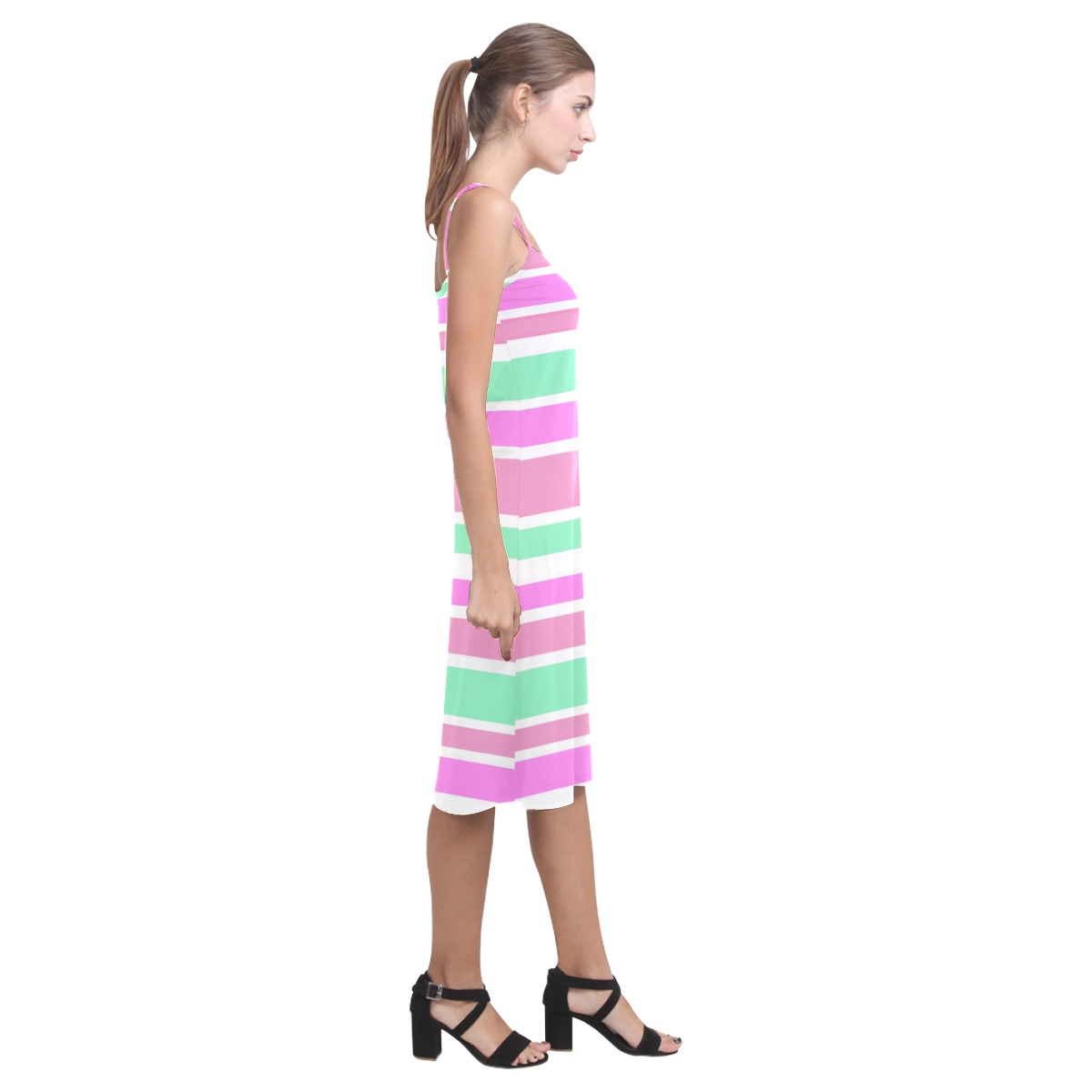 Pink Green Stripes Pattern Alcestis Slip Dress (Model D05)