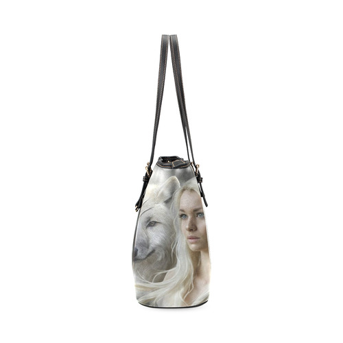white wolf & winter princess handbag tote Leather Tote Bag/Small (Model 1640)