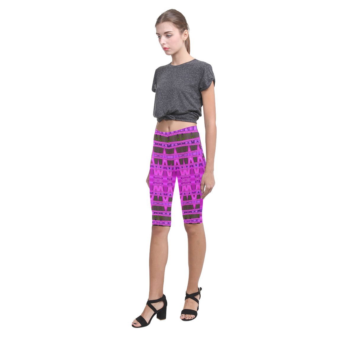Bright Pink Black Abstract Pattern Hestia Cropped Leggings (Model L03)