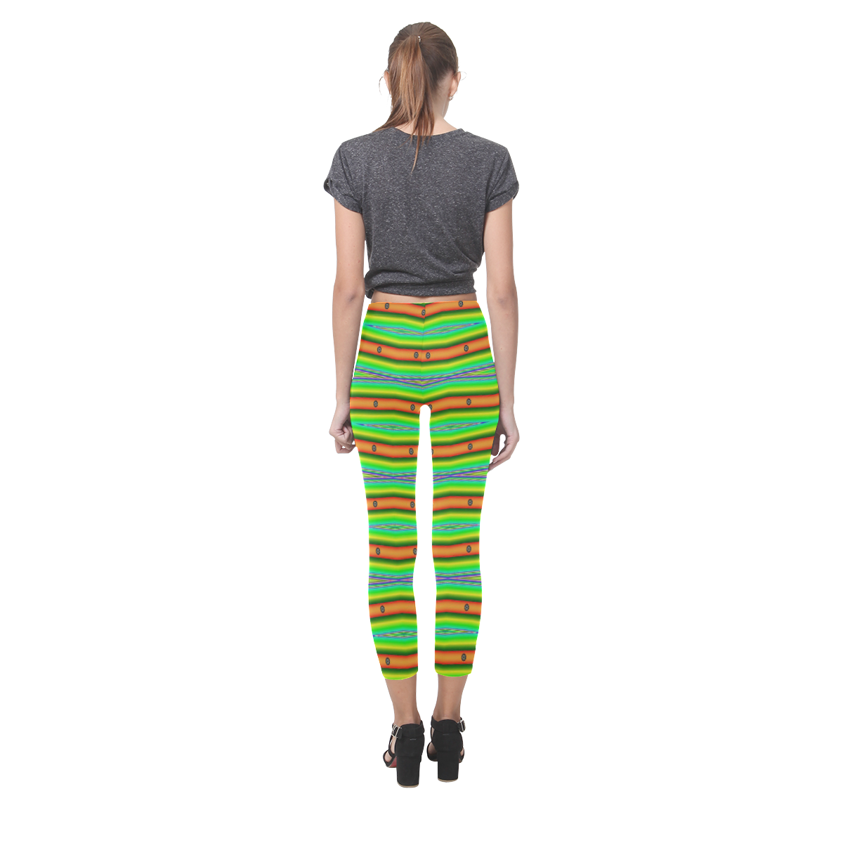 Bright Green Orange Stripes Pattern Abstract Capri Legging (Model L02)