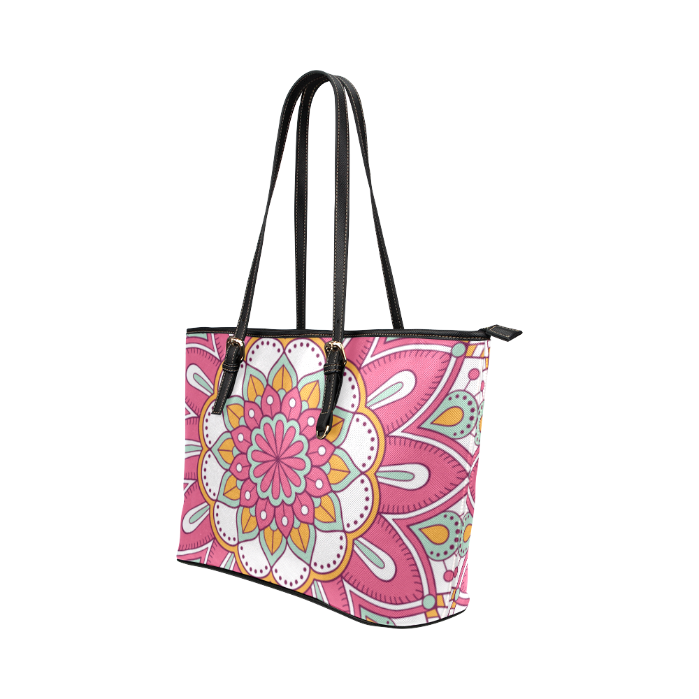 Pink Bohemian Mandala Design Leather Tote Bag/Small (Model 1651)