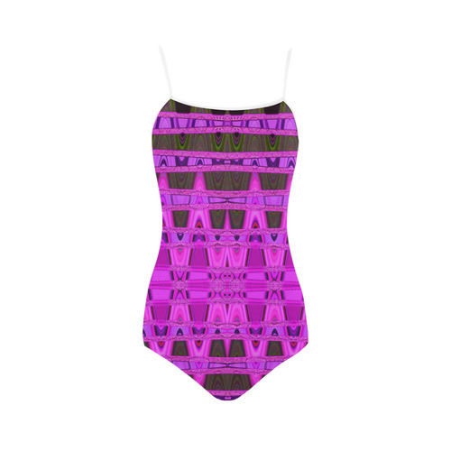 Bright Pink Black Abstract Pattern Strap Swimsuit ( Model S05)