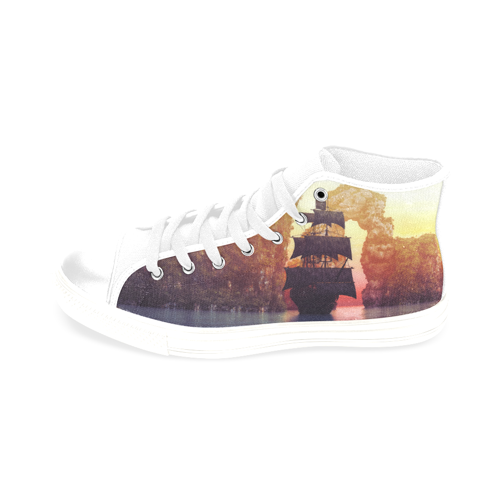 5 A pirate ship off an island at a sunset Men’s Classic High Top Canvas Shoes /Large Size (Model 017)