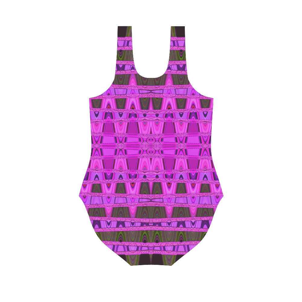 Bright Pink Black Abstract Pattern Vest One Piece Swimsuit (Model S04)