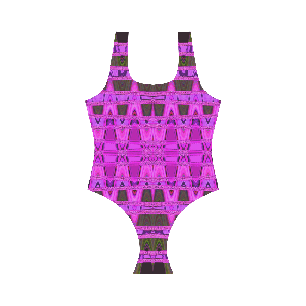 Bright Pink Black Abstract Pattern Vest One Piece Swimsuit (Model S04)