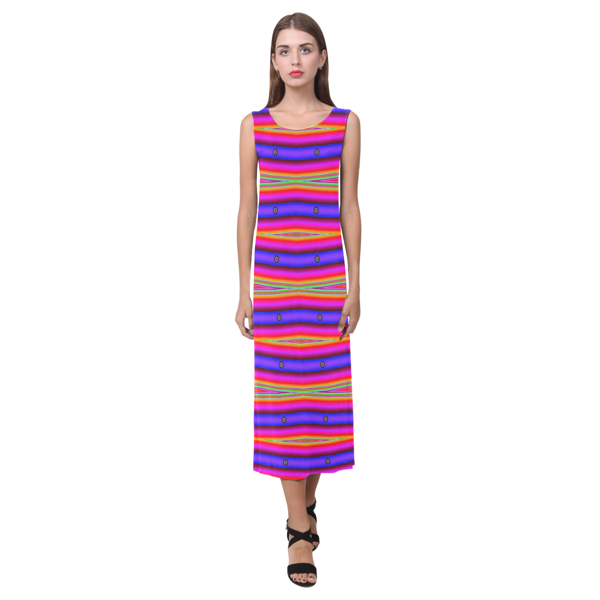 Bright Pink Purple Stripe Abstract Phaedra Sleeveless Open Fork Long Dress (Model D08)