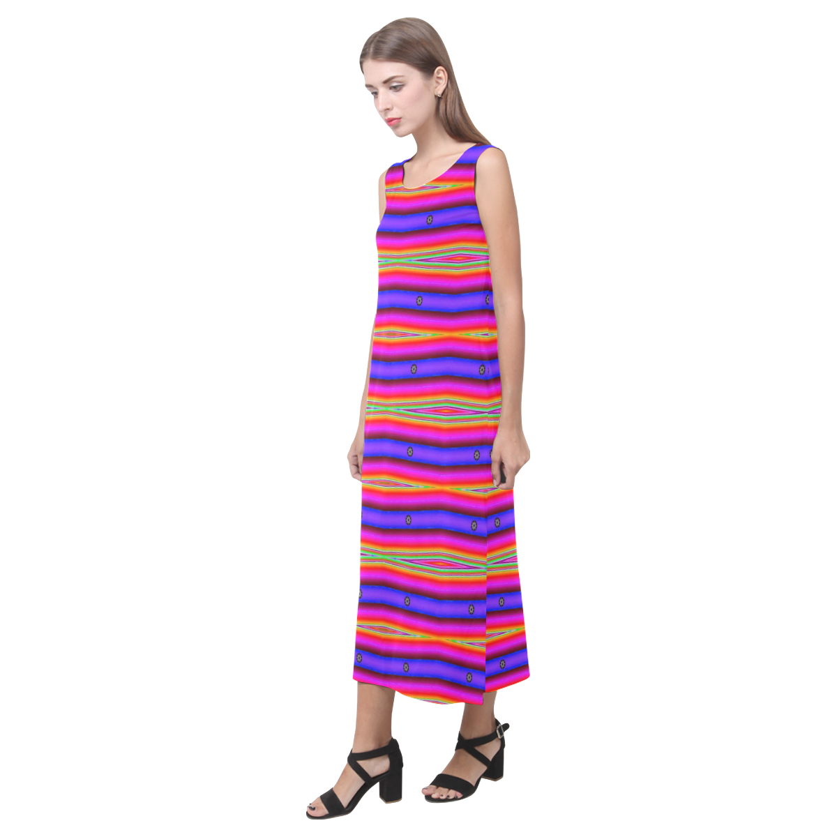 Bright Pink Purple Stripe Abstract Phaedra Sleeveless Open Fork Long Dress (Model D08)