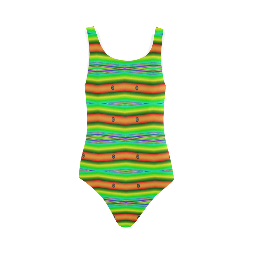Bright Green Orange Stripes Pattern Abstract Vest One Piece Swimsuit (Model S04)