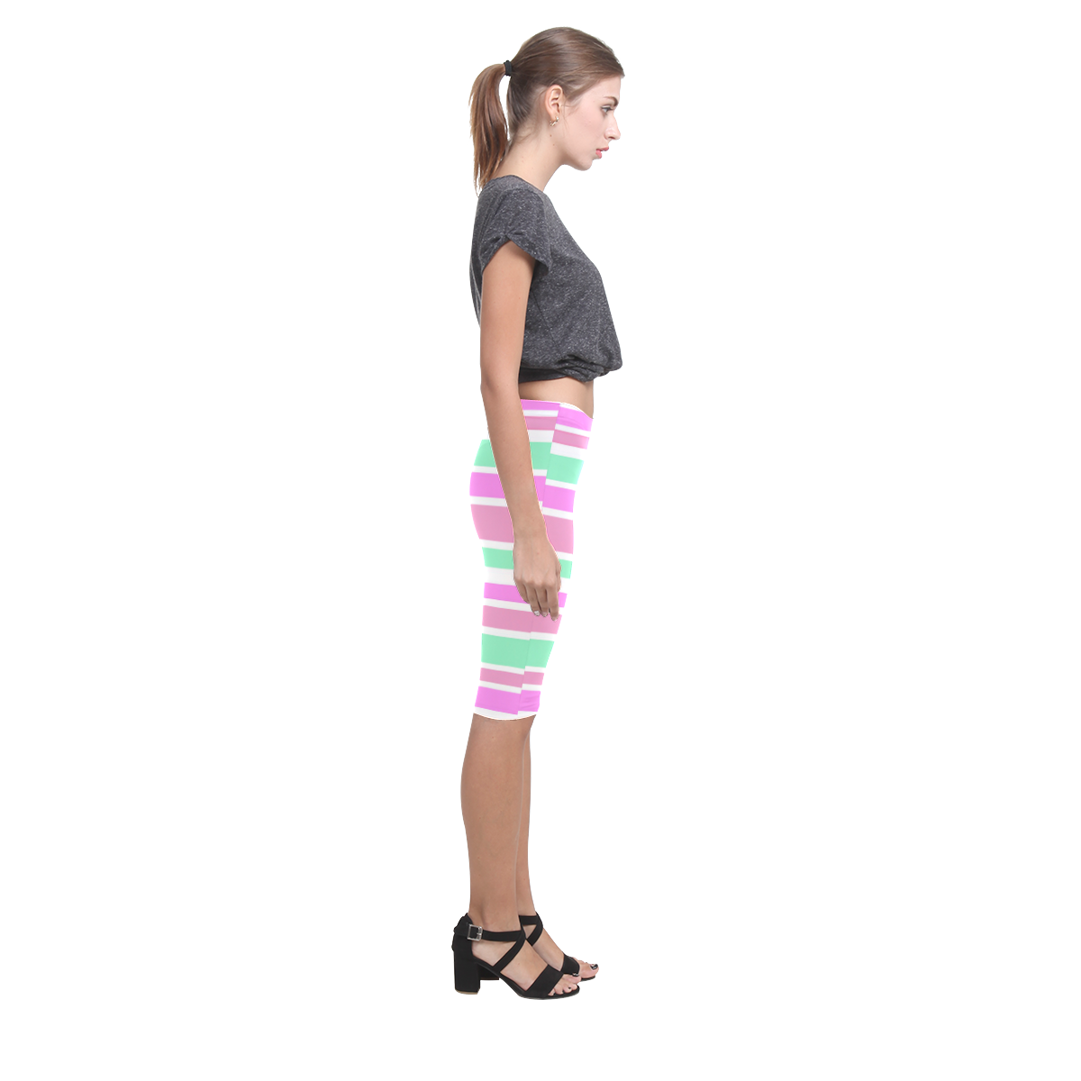 Pink Green Stripes Pattern Hestia Cropped Leggings (Model L03)