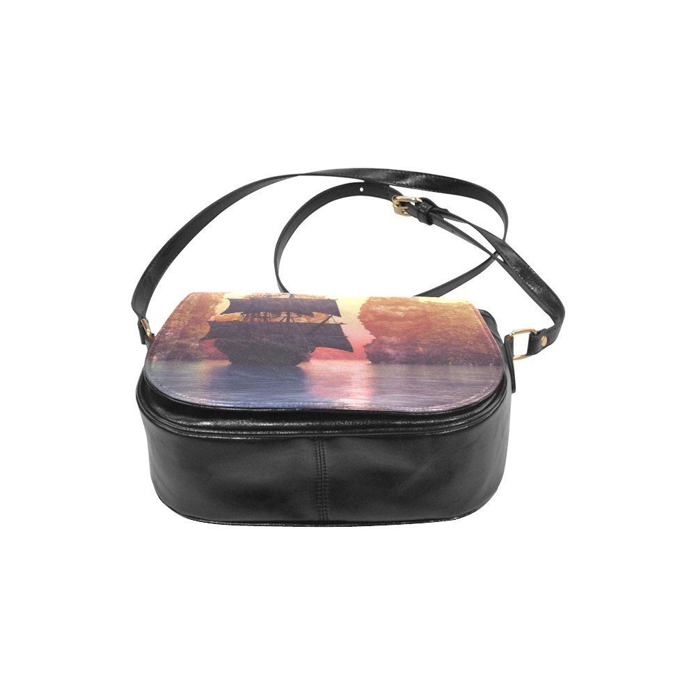 A pirate ship off an island at a sunset Classic Saddle Bag/Large (Model 1648)