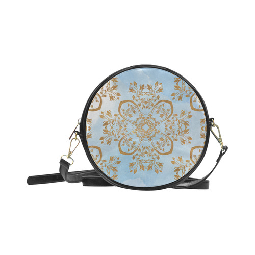 Gold and blue flourish ornament mandala Round Sling Bag (Model 1647)