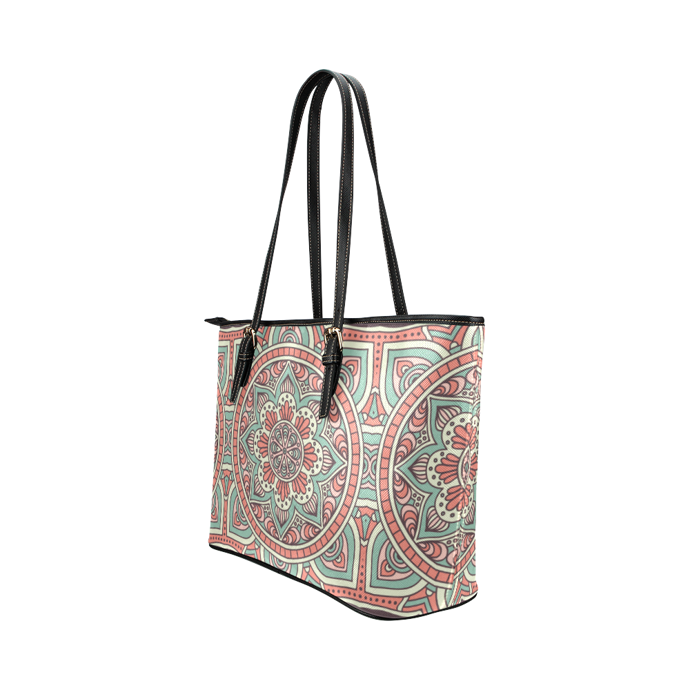 Red Bohemian Mandala Design Leather Tote Bag/Large (Model 1651)