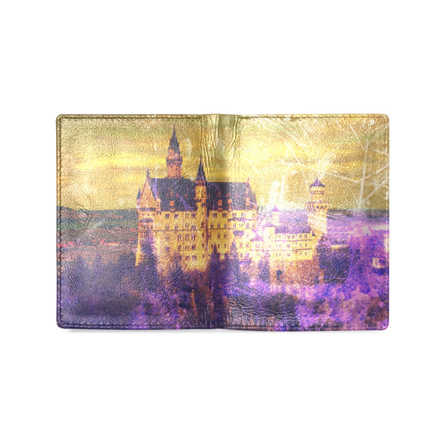 Yellow Purple Neuschwanstein Castle Men's Leather Wallet (Model 1612)