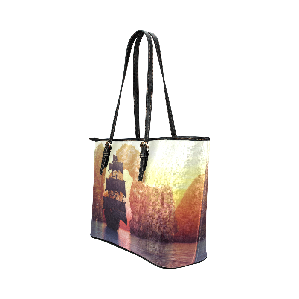 A pirate ship off an island at a sunset Leather Tote Bag/Small (Model 1651)