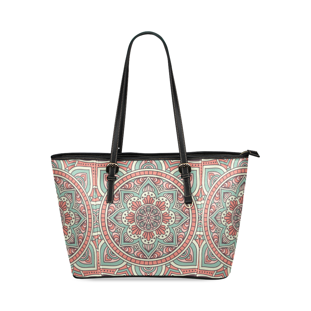 Red Bohemian Mandala Design Leather Tote Bag/Large (Model 1640)