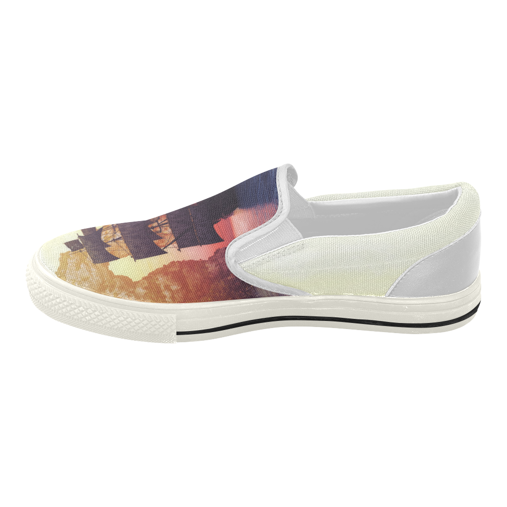 5 A pirate ship off an island at a sunset Women's Slip-on Canvas Shoes (Model 019)