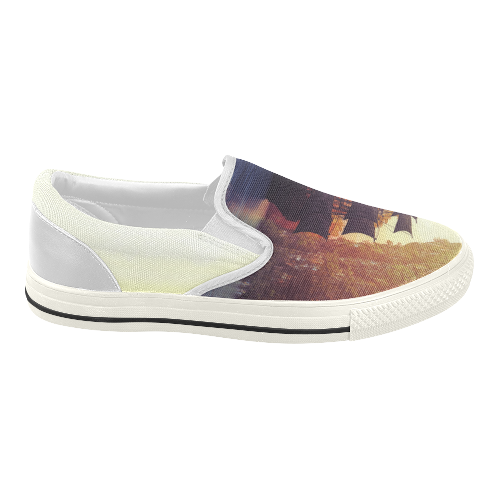 5 A pirate ship off an island at a sunset Women's Slip-on Canvas Shoes (Model 019)