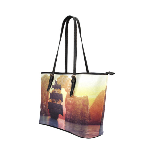 A pirate ship off an island at a sunset Leather Tote Bag/Large (Model 1651)