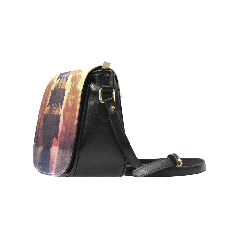 A pirate ship off an island at a sunset Classic Saddle Bag/Small (Model 1648)