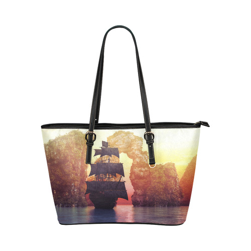 A pirate ship off an island at a sunset Leather Tote Bag/Large (Model 1651)