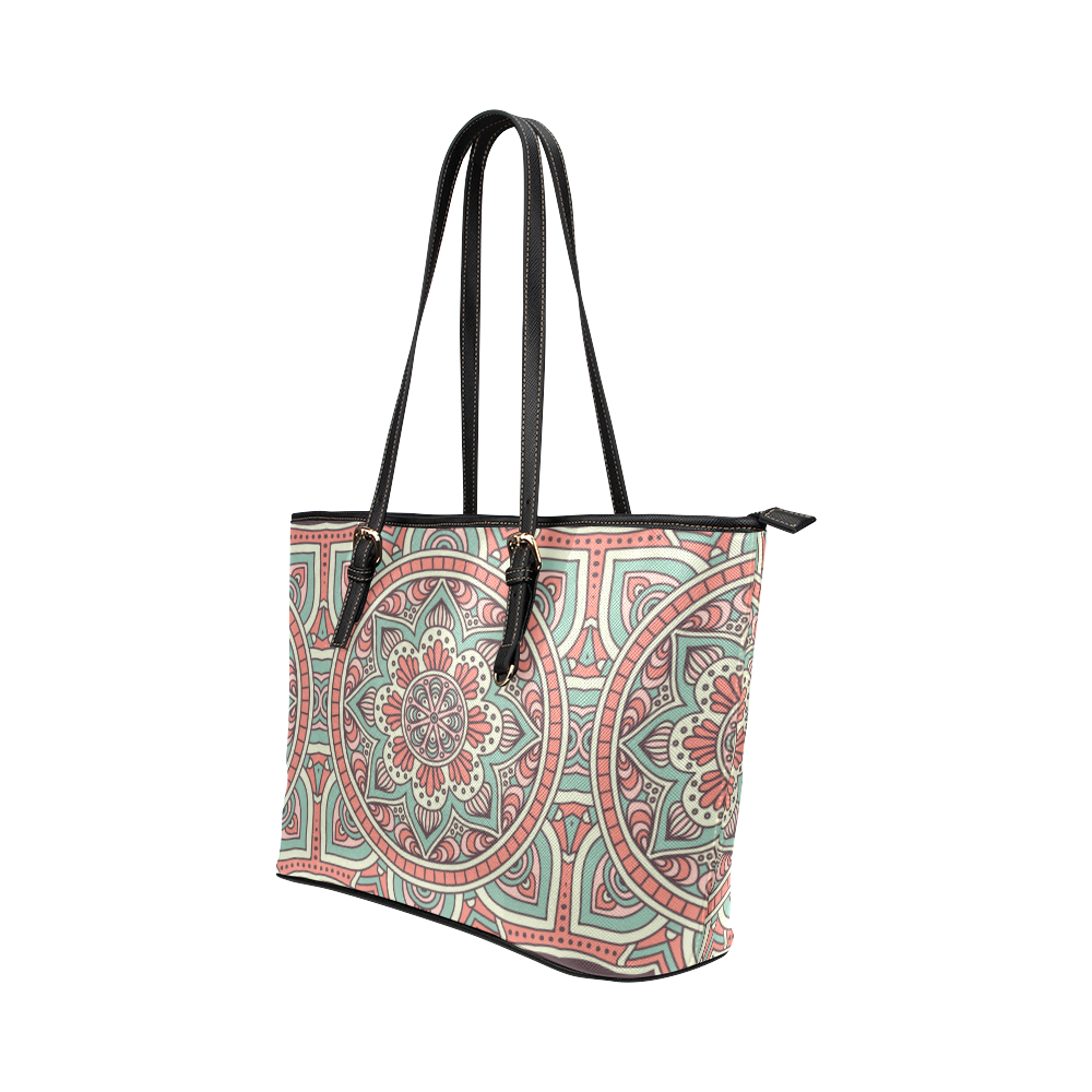 Red Bohemian Mandala Design Leather Tote Bag/Large (Model 1651)